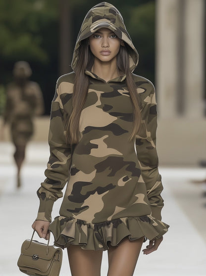 Camouflage Ruffle Long Sleeve Hooded Mini Dress