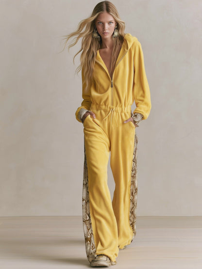 Retro Cozy Snake Print Panel Hooded Zip-Up Fleece Drawstring Wide Leg Jumpsuit