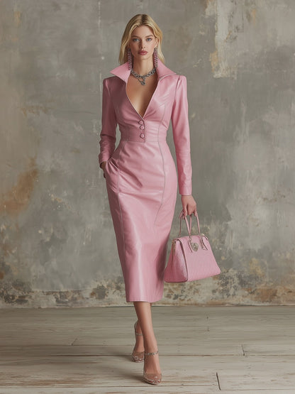 Elegant And Gentle Pink Faux Leather Midi Dress