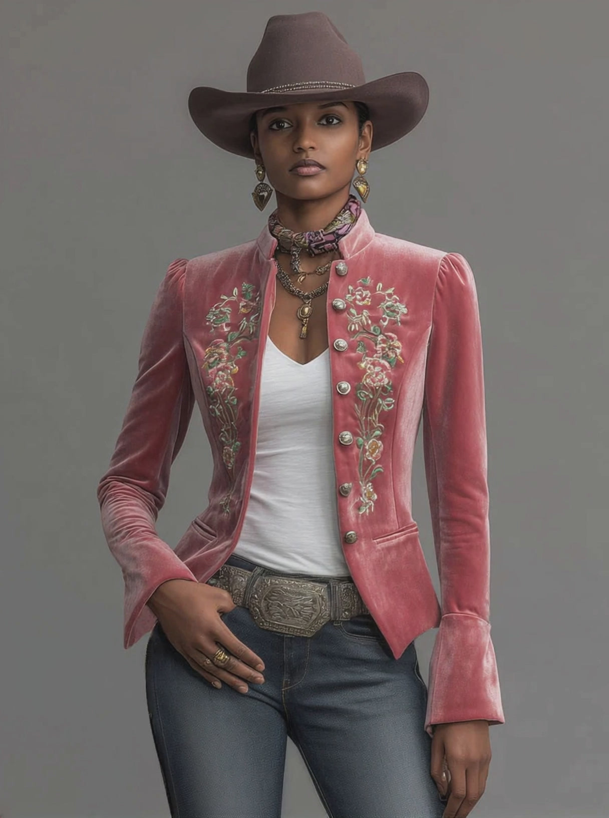 Western-style Stand-up Collar Single-breasted Floral Embroidered Velvet Jacket