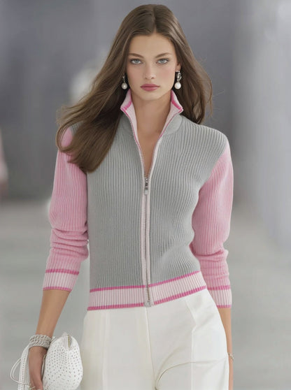 Stand Collar Zipper Contrast Color Knitted Cardigan