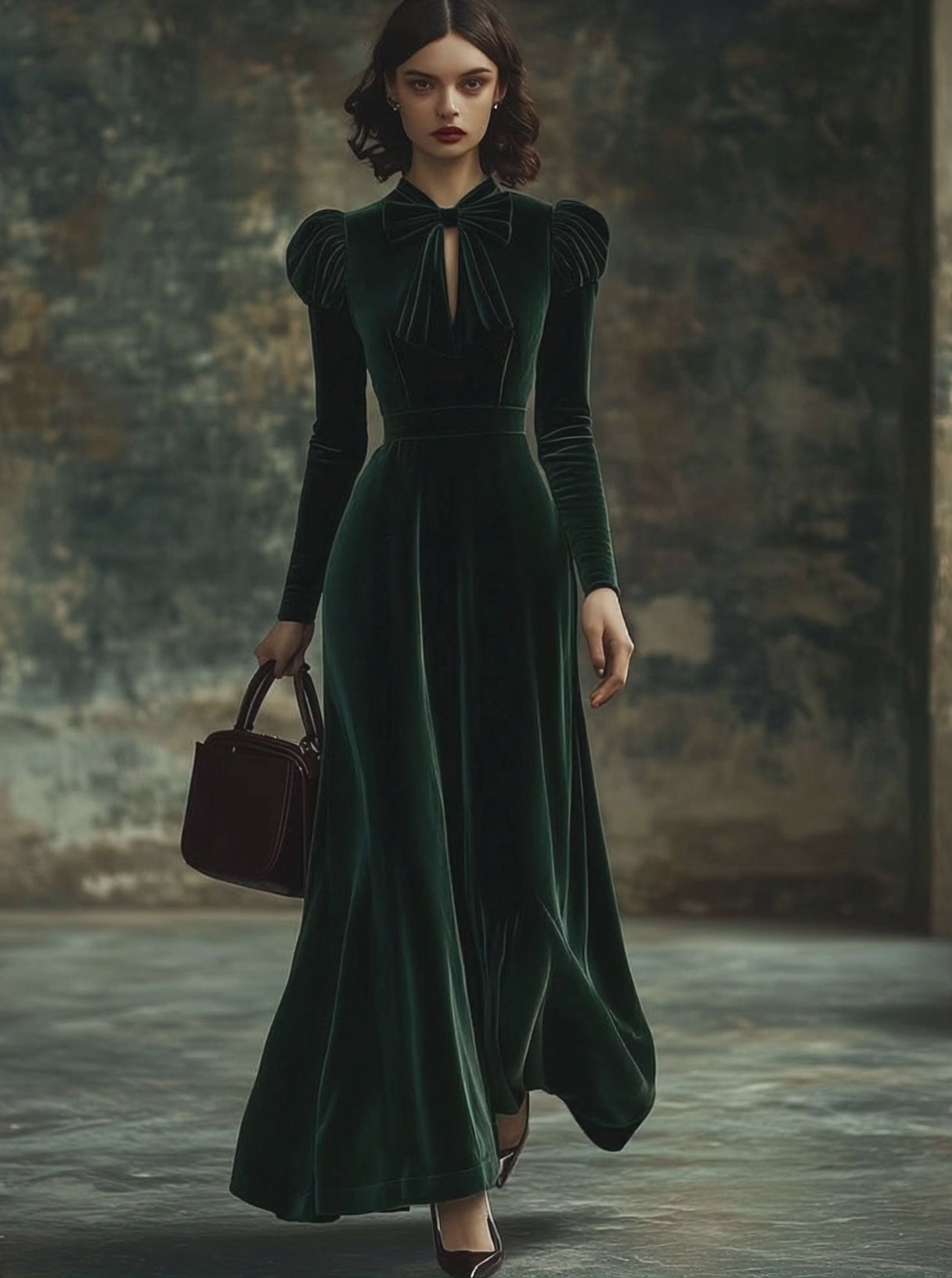 【24-hour shipping out】Fashion Party Solid Color Velvet Stand Collar Bowknot Long Sleeve Maxi Dress