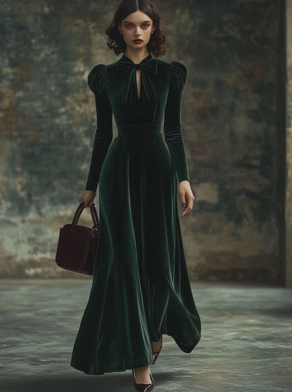 【24-hour shipping out】Fashion Party Solid Color Velvet Stand Collar Bowknot Long Sleeve Maxi Dress
