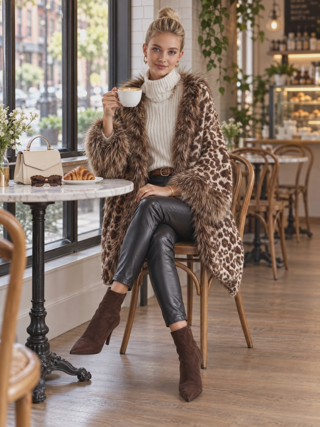Vintage Leopard Print Faux Fur Trim Oversized Open Front Chunky Knit Cardigan