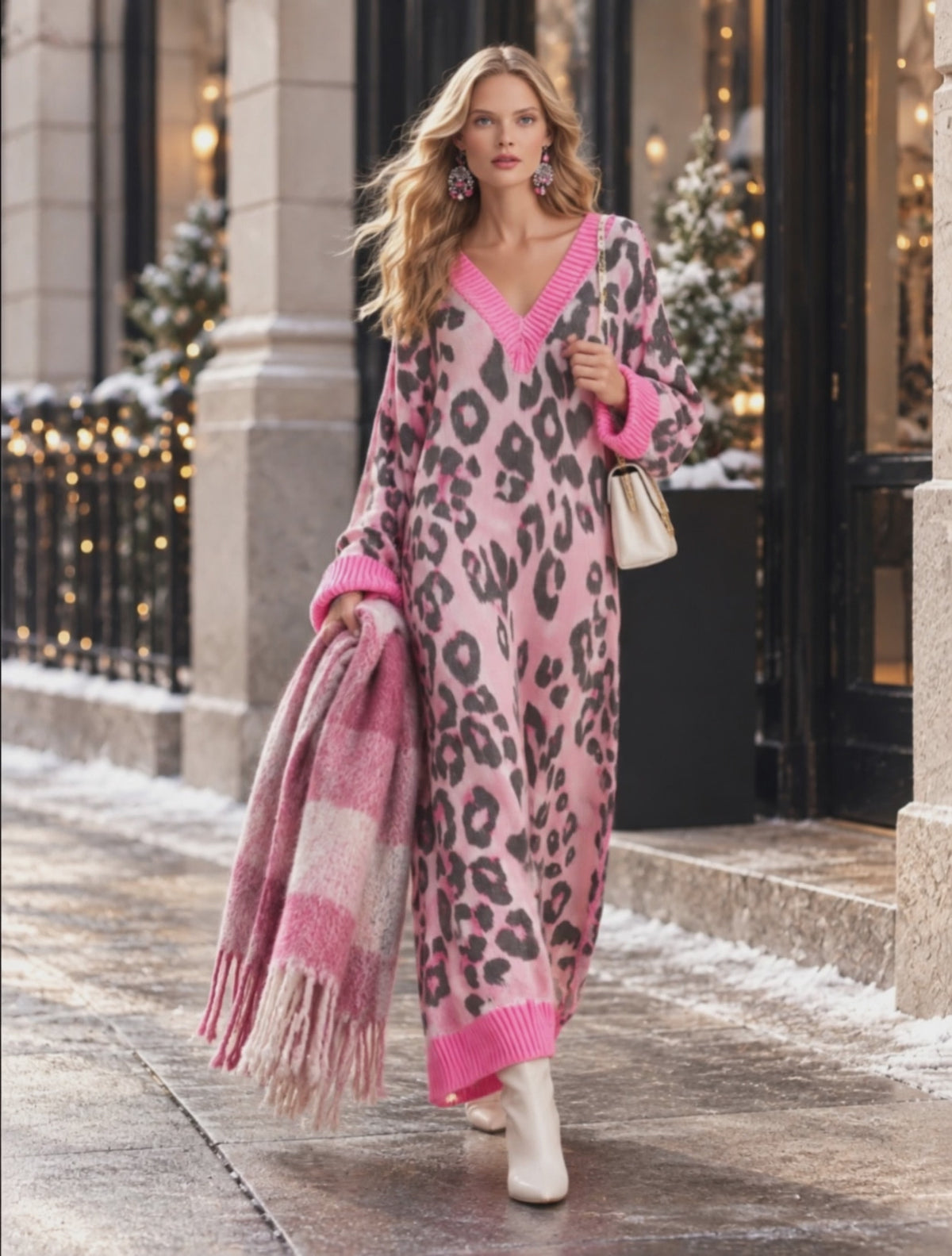 Stylish Loose-Fit Pink Leopard-Print V-Neck Knitted Maxi Dress