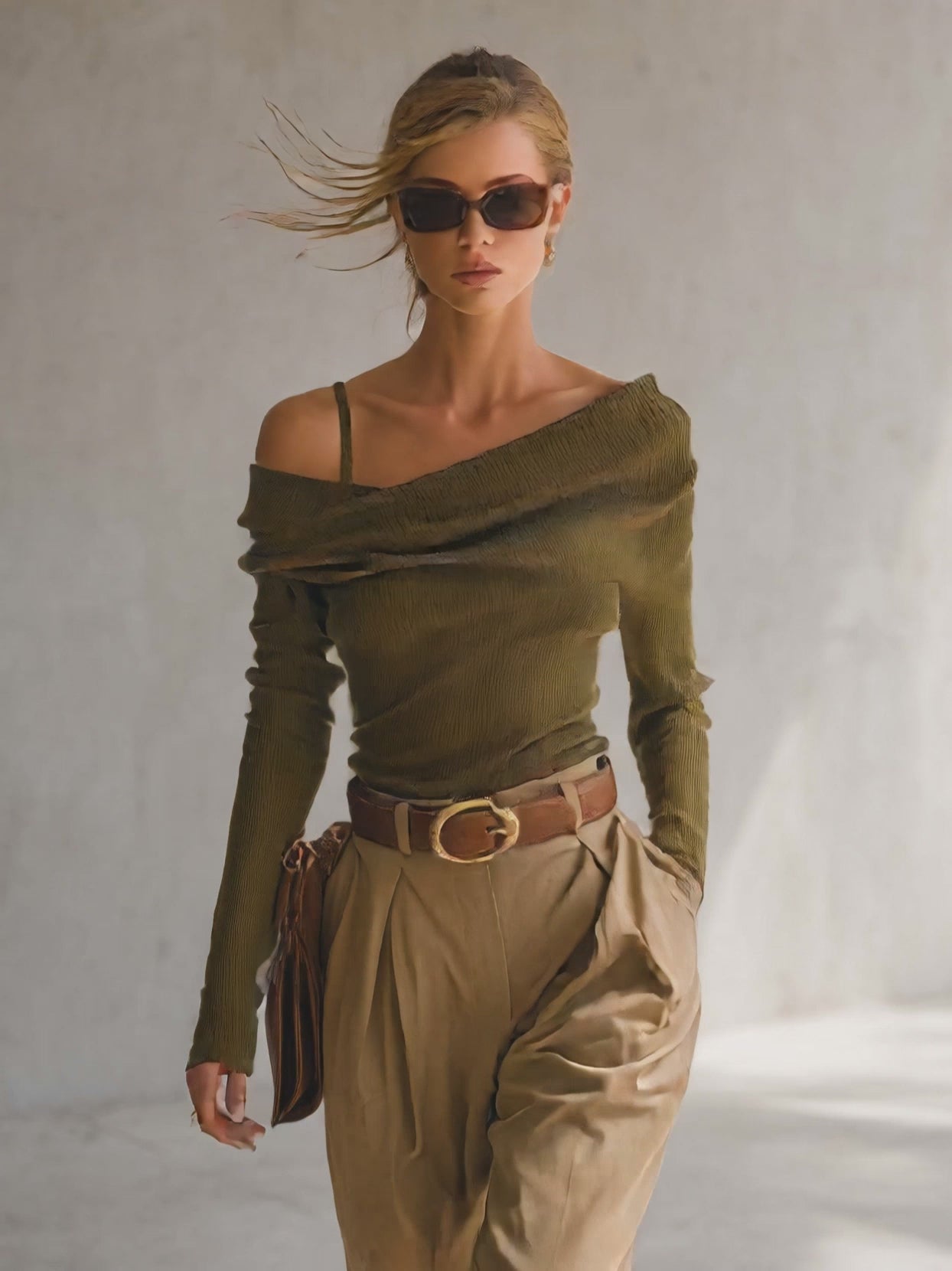 olive-ribbed-knit-asymmetric-off-shoulder-foldover-long-sleeve-fitted-sweater-top-women - Oyrosy