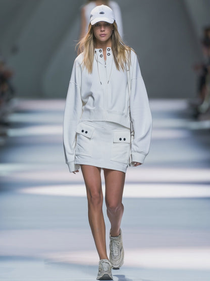 Casual Retro White Crew Neck Zip-up Sweatshirt And Skirt Set