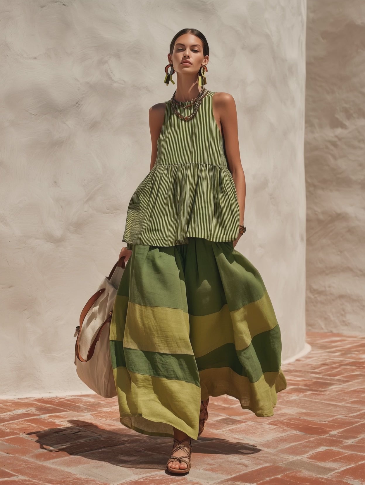 Retro-chic Striped Top And Color-blocked Wide-leg Pants