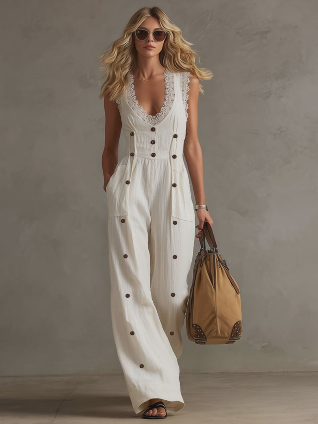 Casual Retro Lace White Cotton Linen Sleeveless Button Jumpsuit