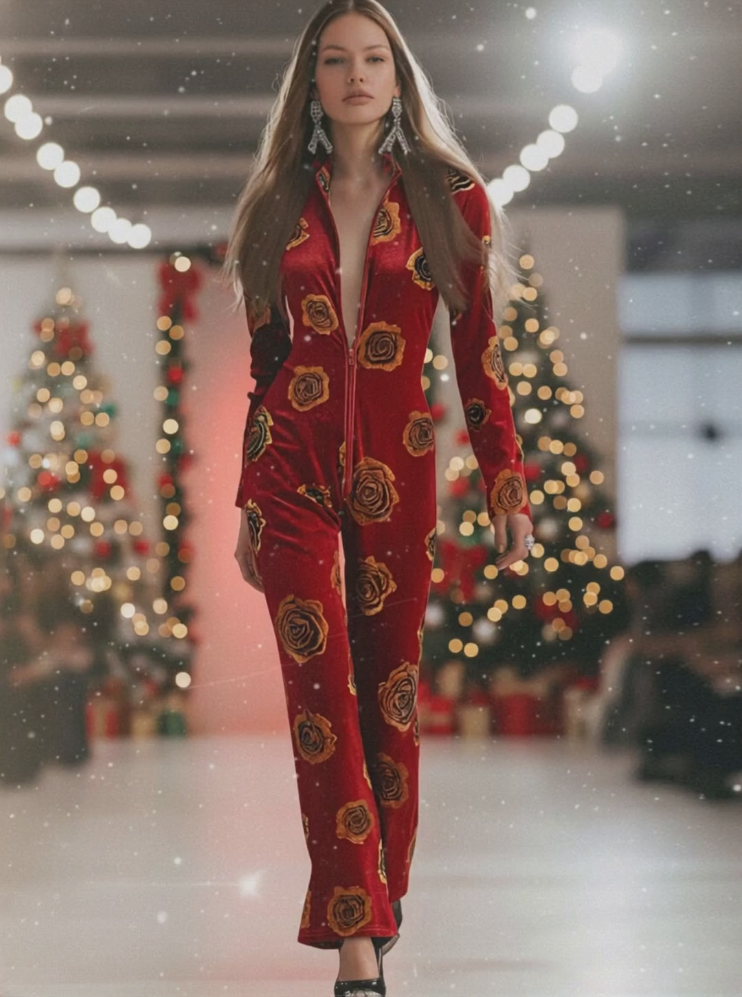 Casual Loose Retro Red Velvet Gold Rose Printed Zipper Long Sleeve Jumpsuit