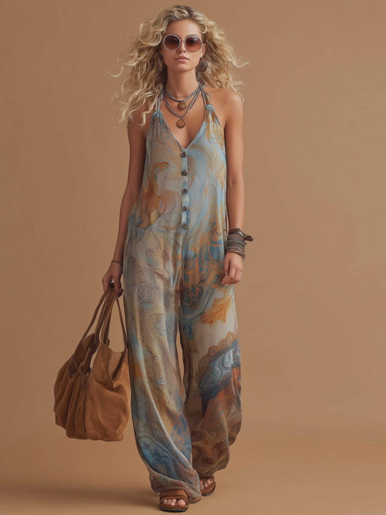 Vacation Retro Bohemian Print Chiffon Sleeveless Wide-Leg Jumpsuit