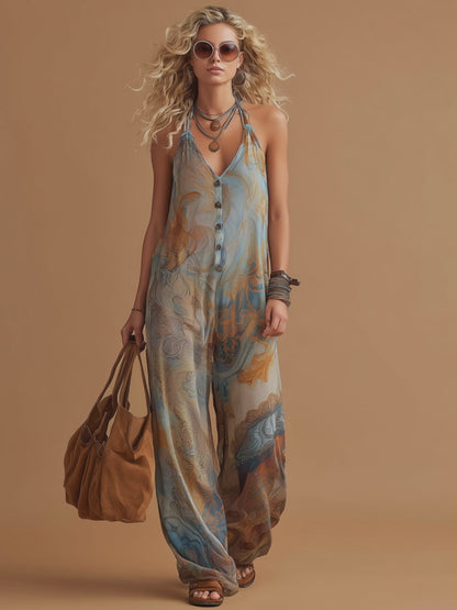 Vacation Retro Bohemian Print Chiffon Sleeveless Wide-Leg Jumpsuit