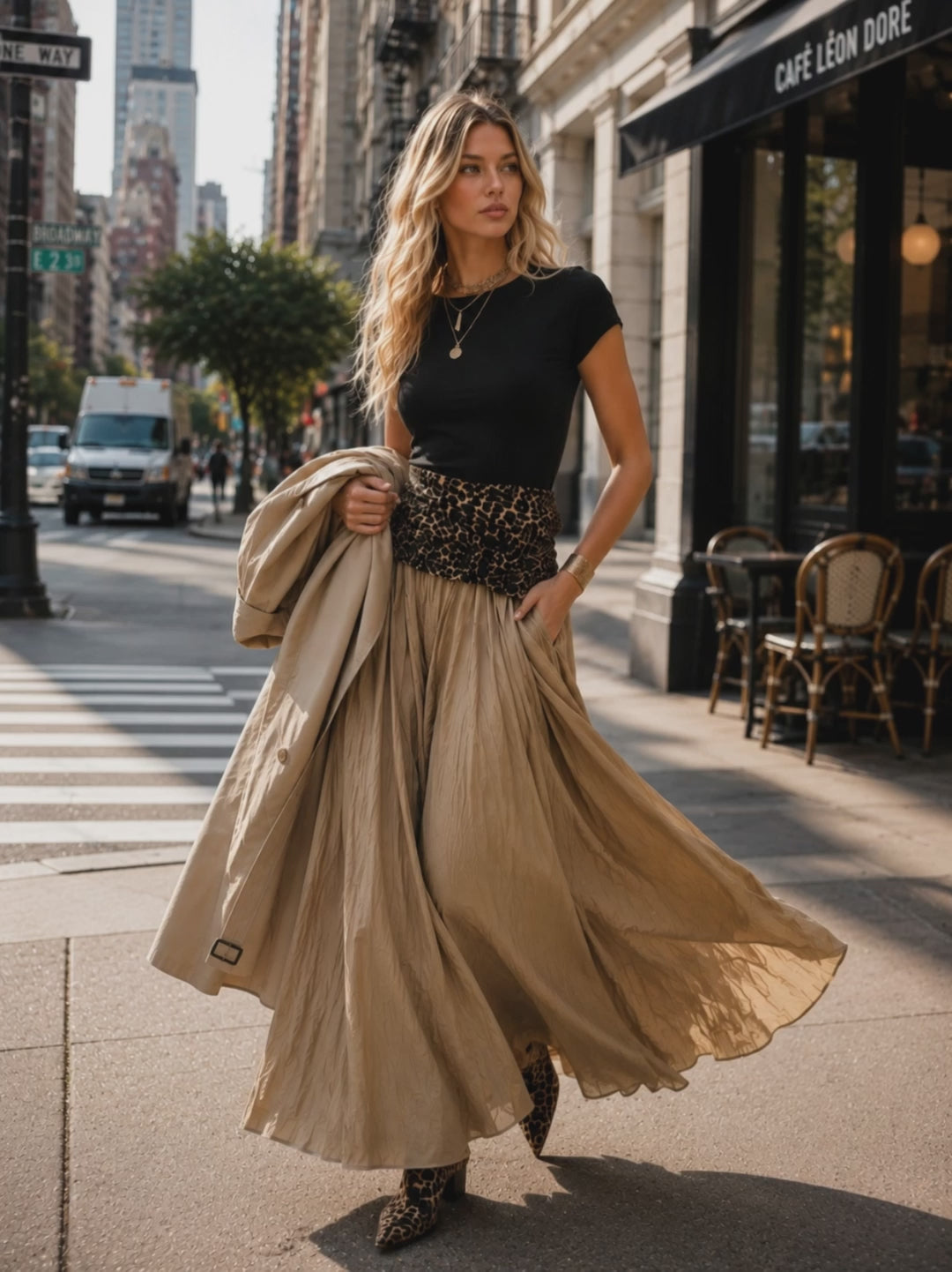 Vintage-style Elegant Leopard-print And Black Patchwork Khaki Maxi Dress
