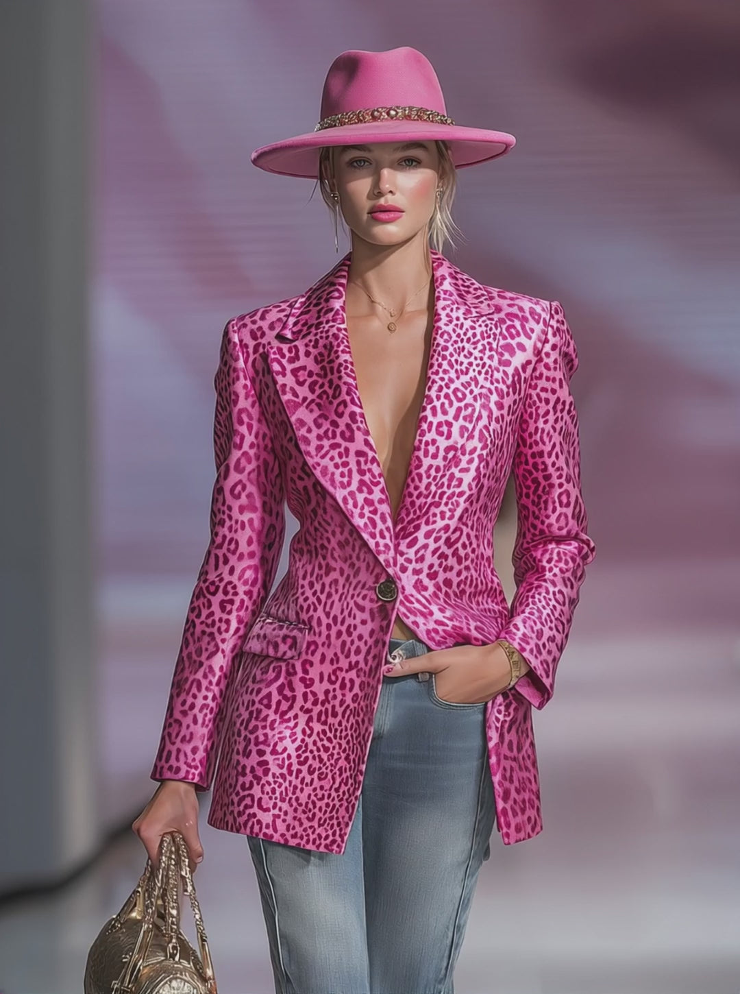 Vintage Leopard Print Single Button Satin Blazer