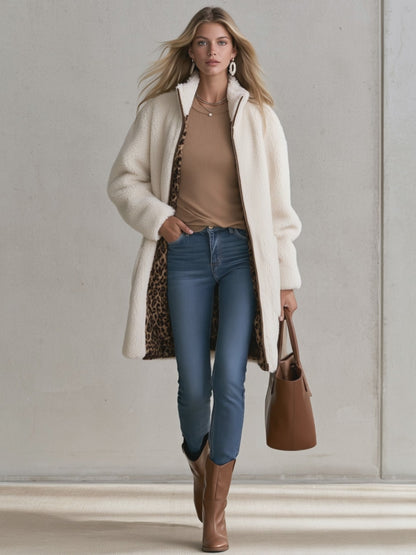 Casual And Stylish Velvet Leopard Print White Fleece Zip-up Mid-length Coat