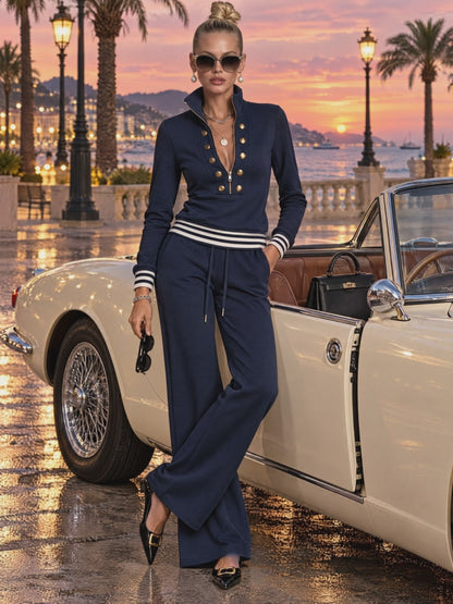 Fashionable Sporty Grey Half-zip Button Sweatshirt And Wide-leg Pants Set