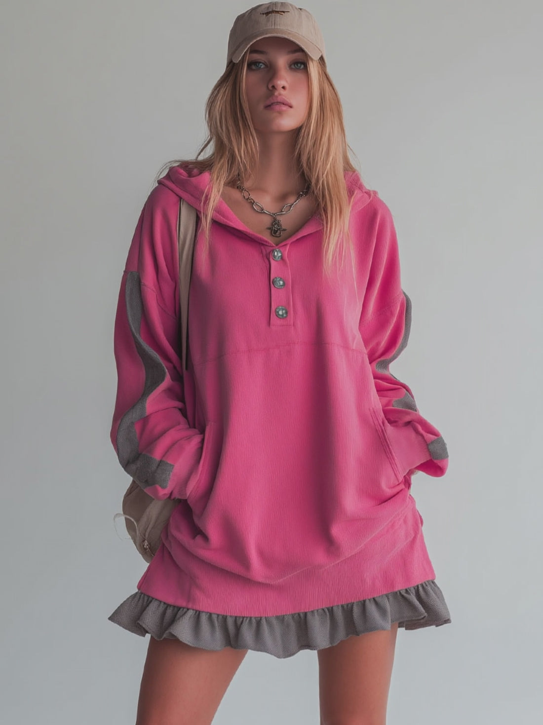 Sporty Color-blocked Ruffled Half-zip Hooded Long-sleeved Mini Dress