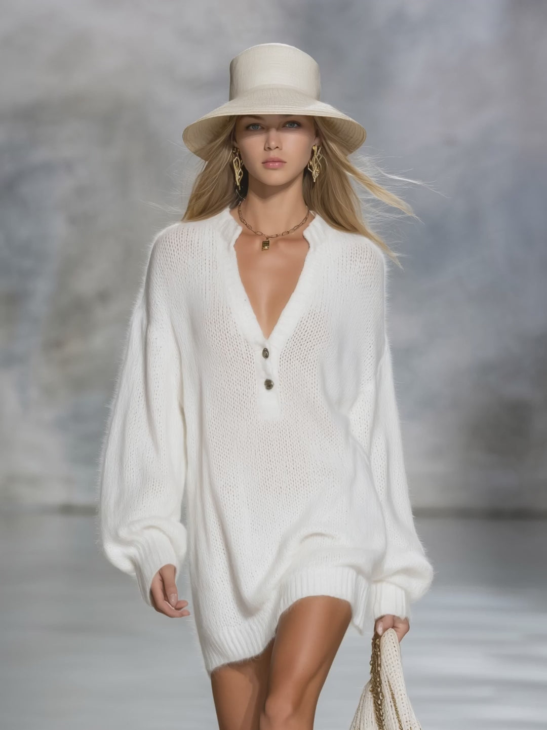 Casual Elegant V-neck Solid Color Knitted Mini Dress