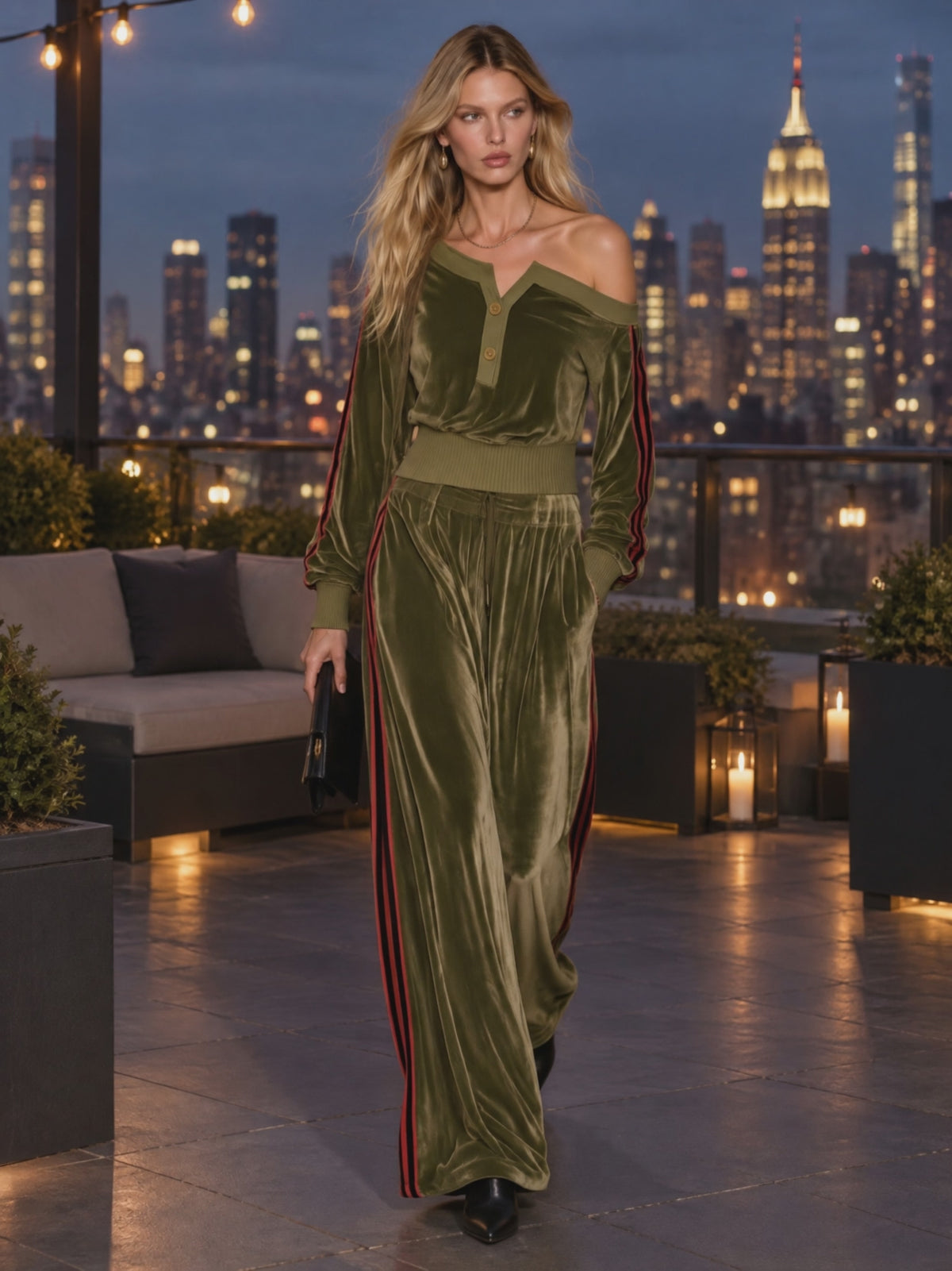 Sophisticated And Elegant Urban-style Color-block Velvet Set With An Asymmetrical Off-shoulder Top And Trousers