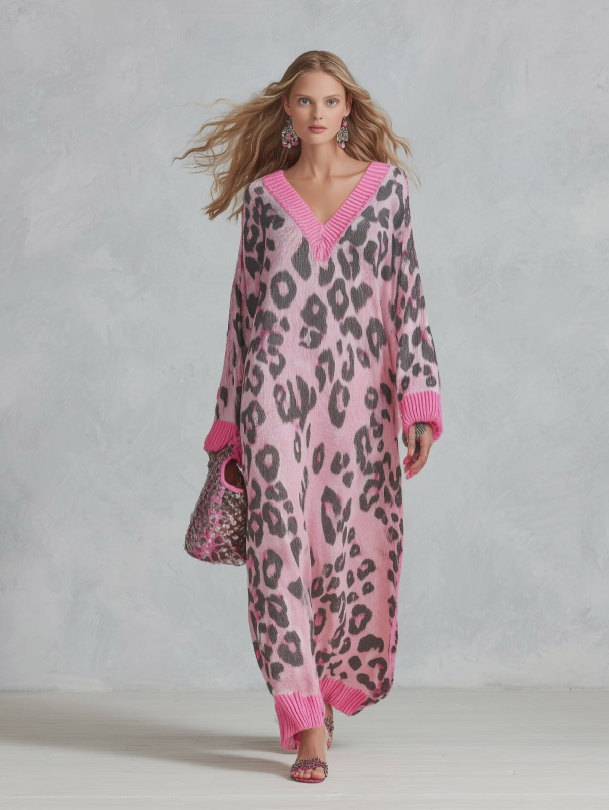 Stylish Loose-Fit Pink Leopard-Print V-Neck Knitted Maxi Dress