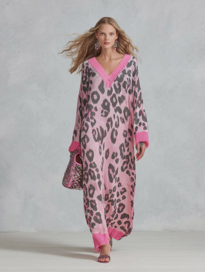 Stylish Loose-Fit Pink Leopard-Print V-Neck Knitted Maxi Dress