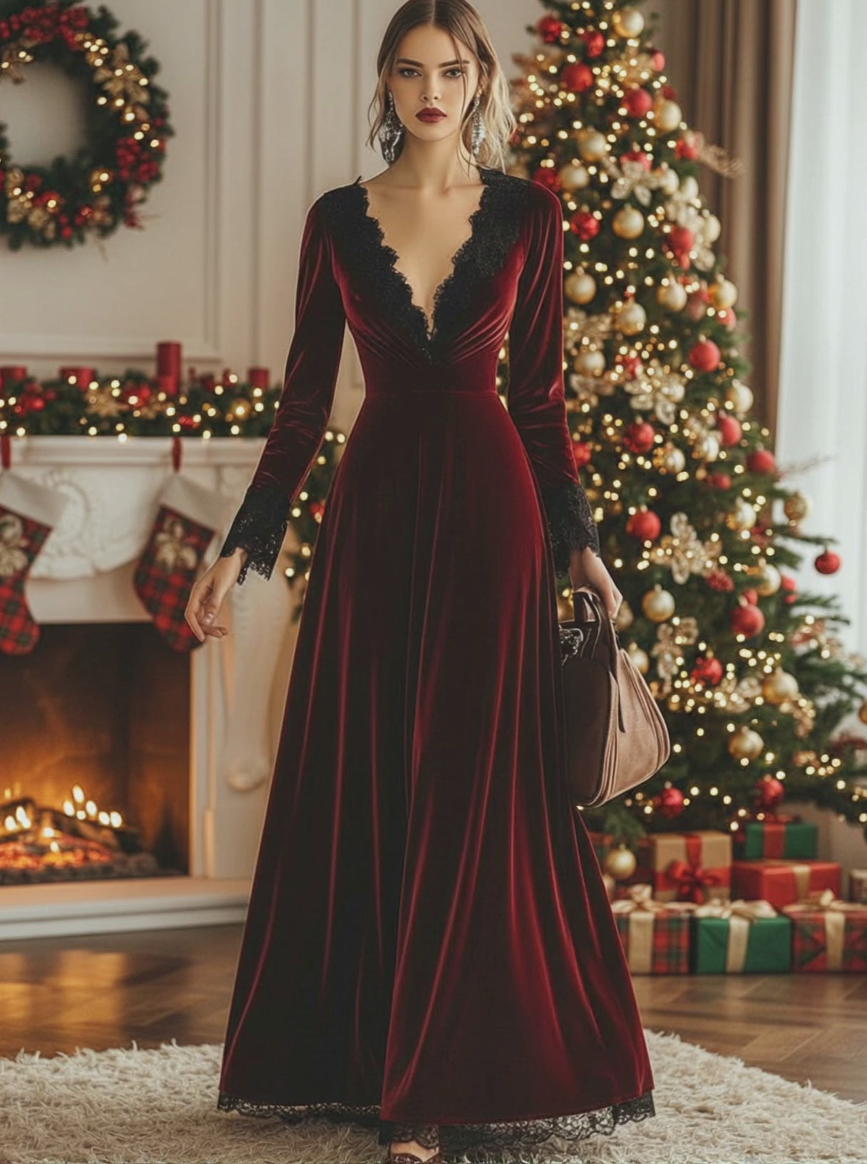 Fashion Retro V-neck Lace Splicing Long Sleeve Maxi Dress