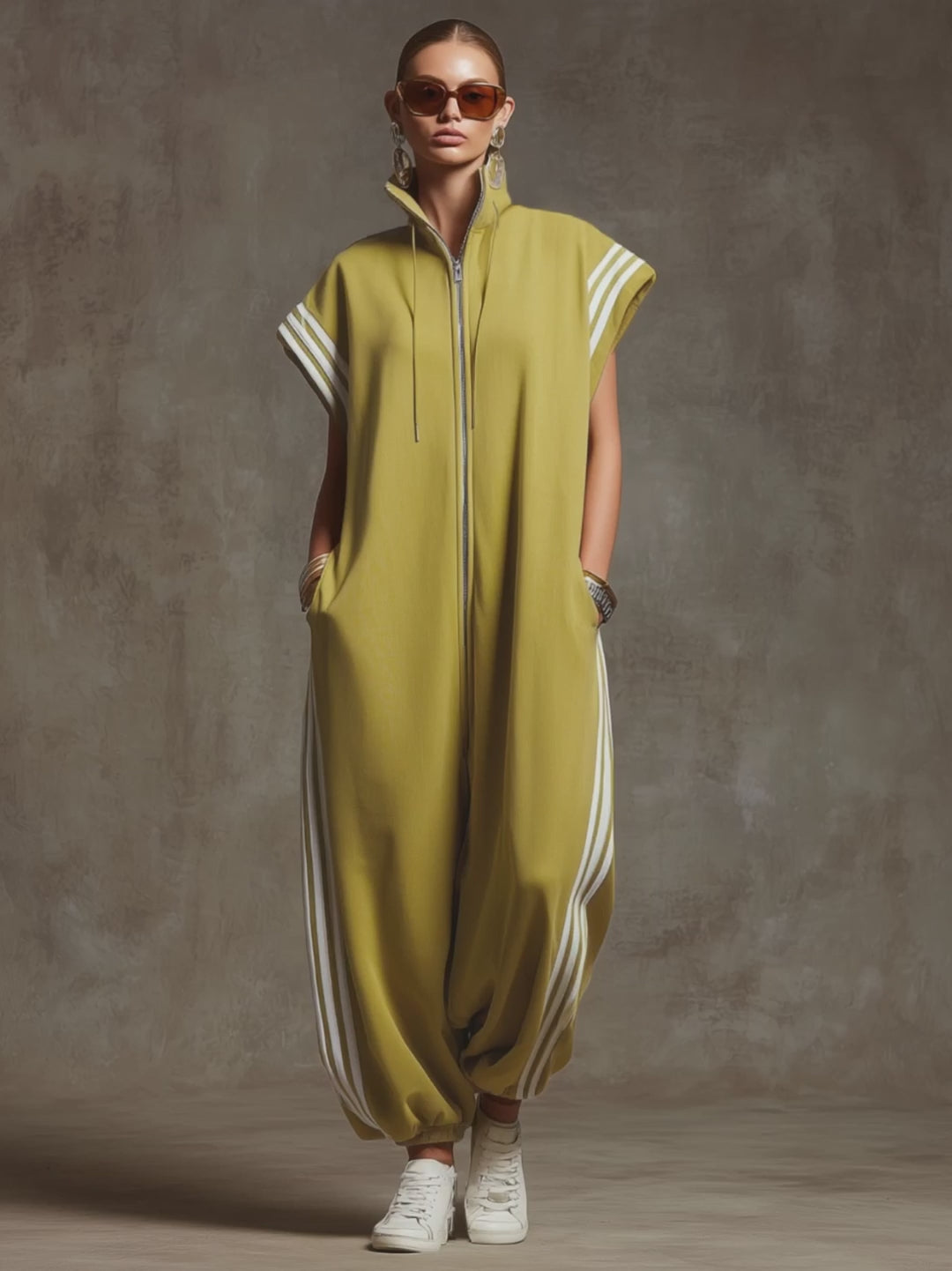 Casual Sports White Webbing Yellow-green Sleeveless Jumpsuit