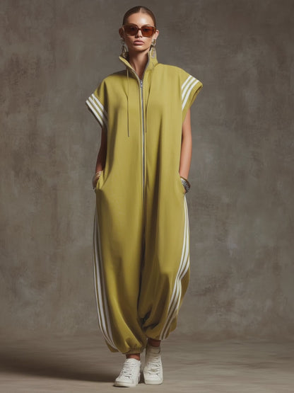 Casual Sports White Webbing Yellow-green Sleeveless Jumpsuit