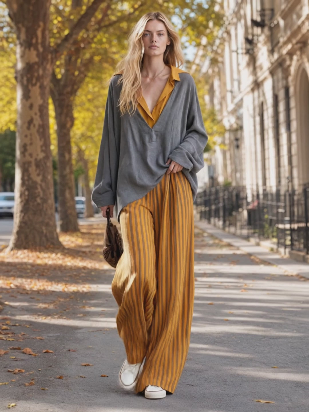 Casual Retro Color-blocked Faux Two-piece Grey Linen Shirt And Yellow Trousers Set