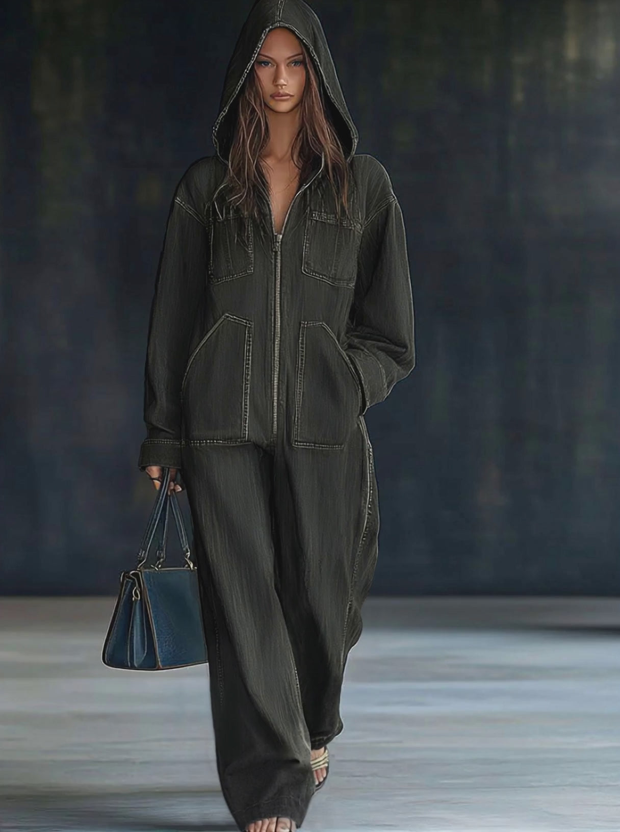 Casual Loose Retro Pocket Long Sleeve Hooded Zipper Denim Jumpsuit