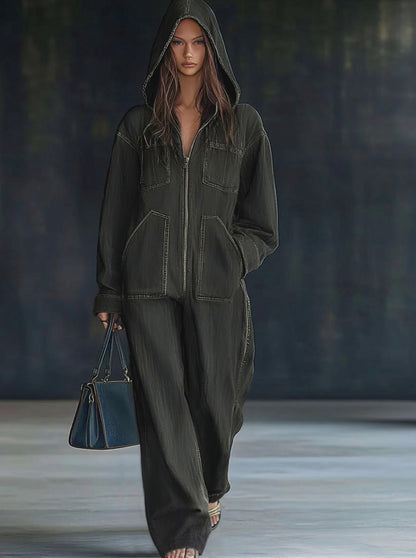 Casual Loose Retro Pocket Long Sleeve Hooded Zipper Denim Jumpsuit