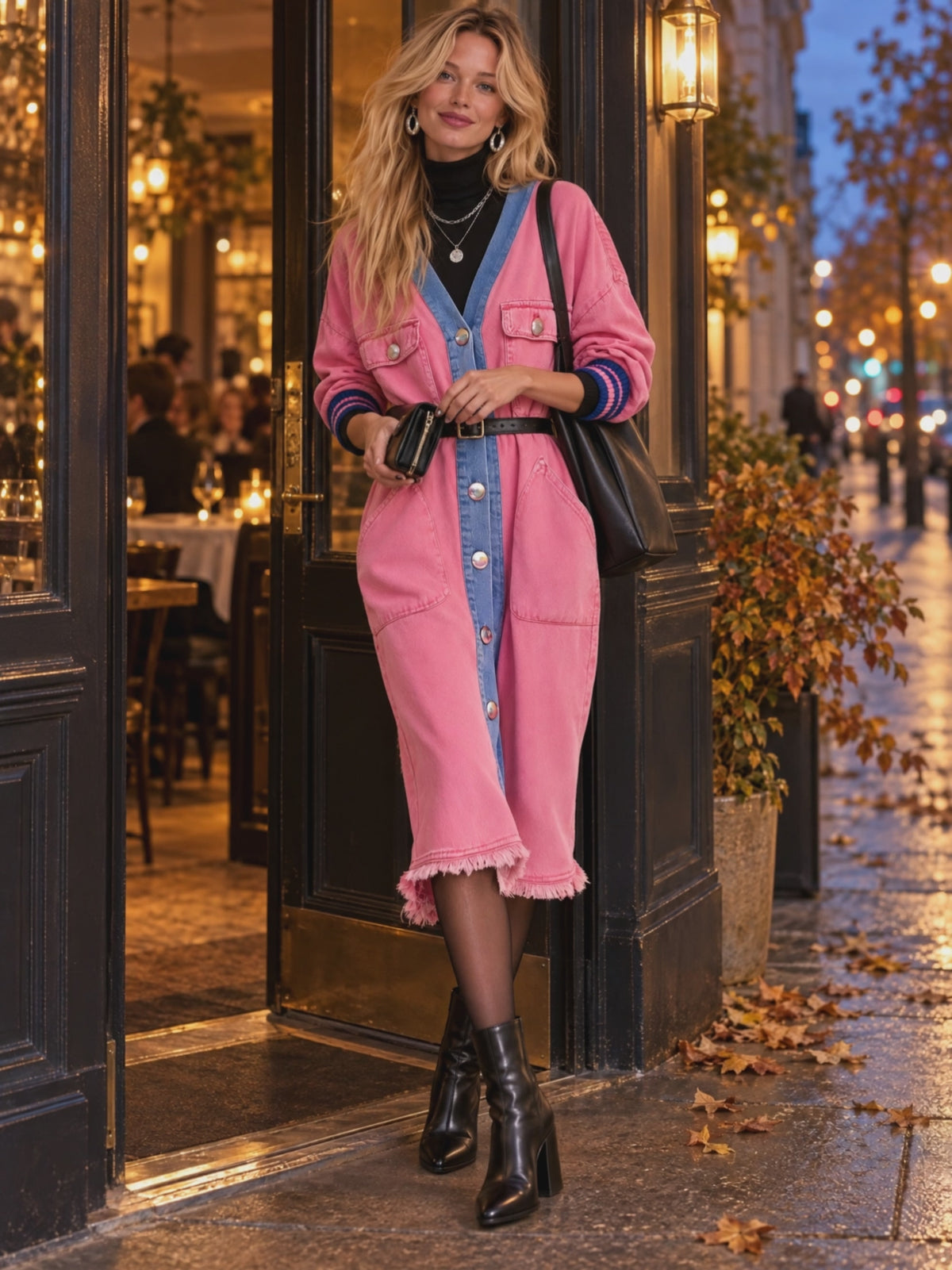 Retro Casual Pink Washed Denim Color block Shirt Dress