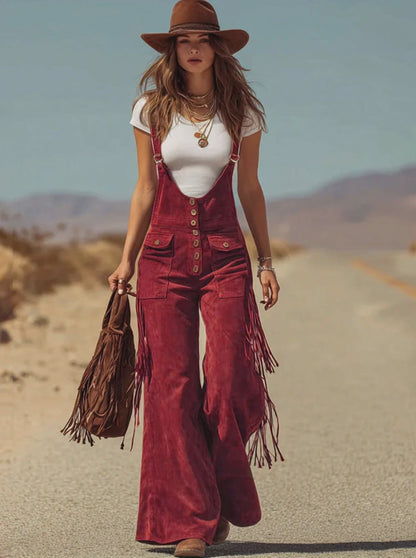 Brown Micro-suede Pocket Tassel Wide-leg Overalls