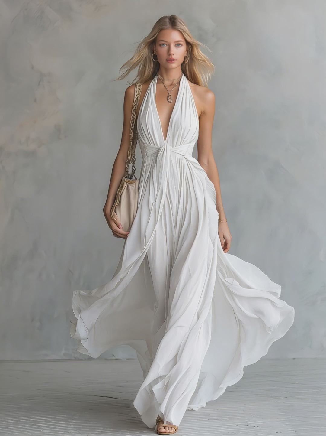 Elegant And Stylish Halter Neck V-neck Sleeveless Chiffon Maxi Dress