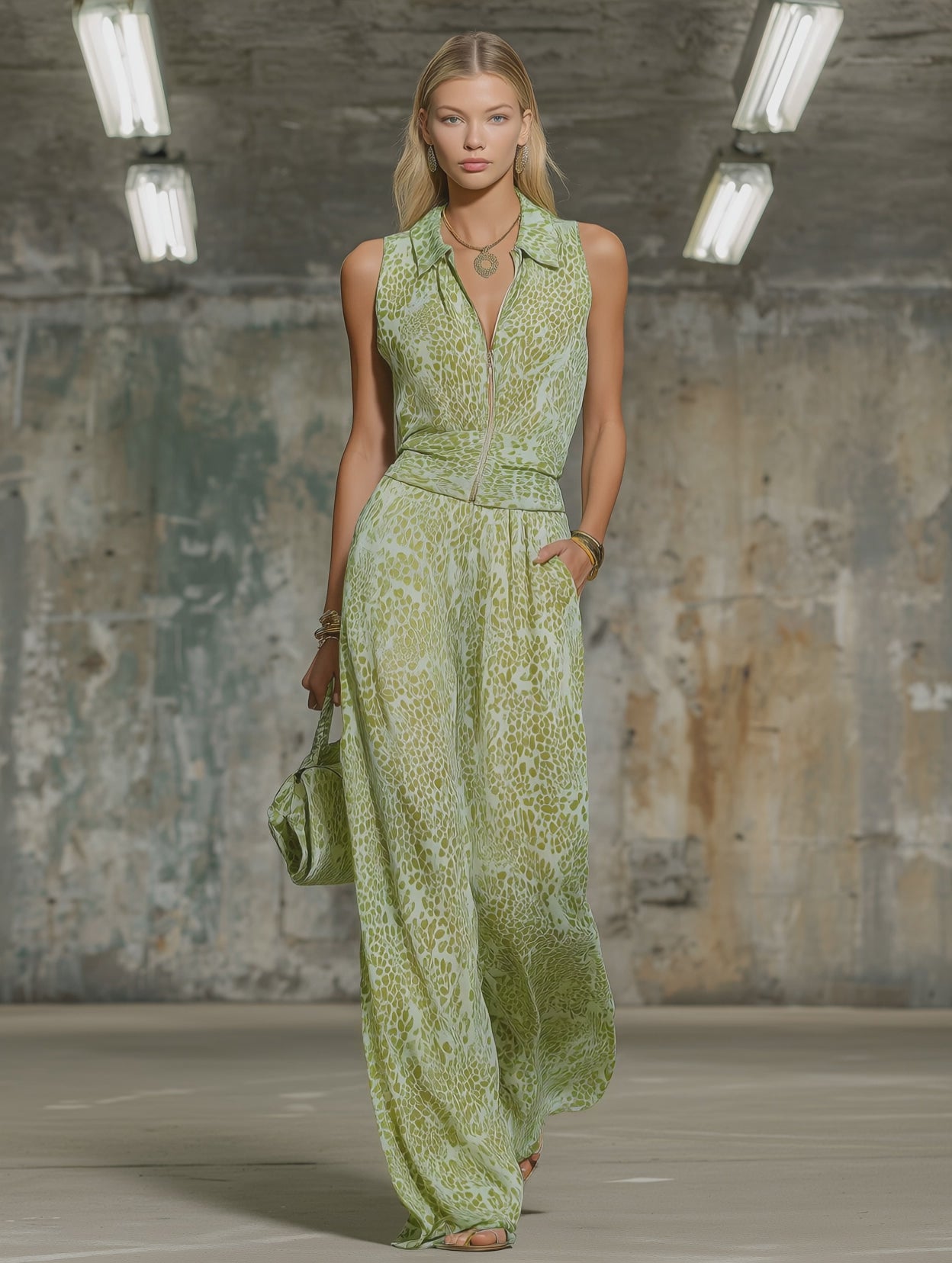 Retro Elegant Leopard Print Lapel Sleeveless Chiffon Top And Wide-leg Pants Set