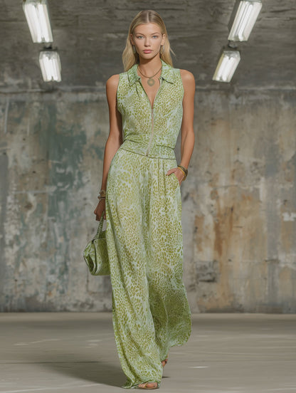 Retro Elegant Leopard Print Lapel Sleeveless Chiffon Top And Wide-leg Pants Set