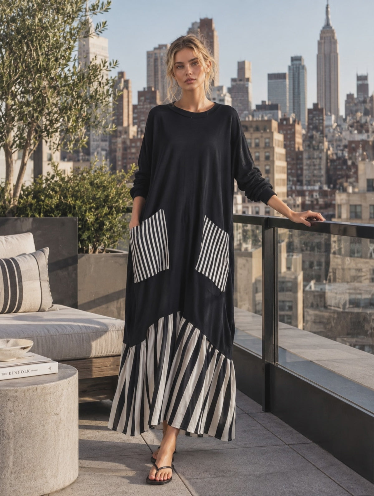 Casual Minimalist Black Cotton Patchwork-style Striped Oversized Maxi Dress