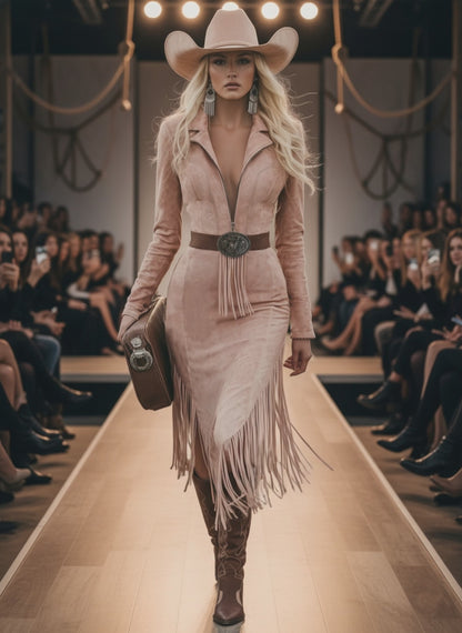 Western Retro Pink Long-sleeved Tassel Midi Dress