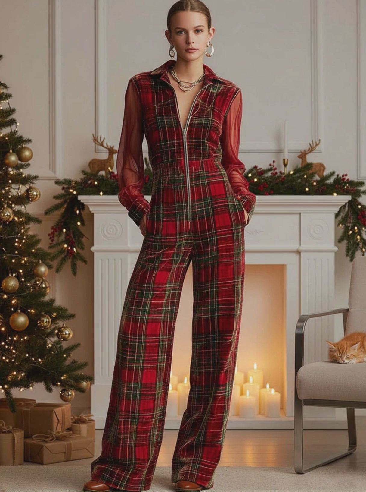 Retro Long-sleeved Mesh Red And Green Plaid Velvet Wide-leg Jumpsuit