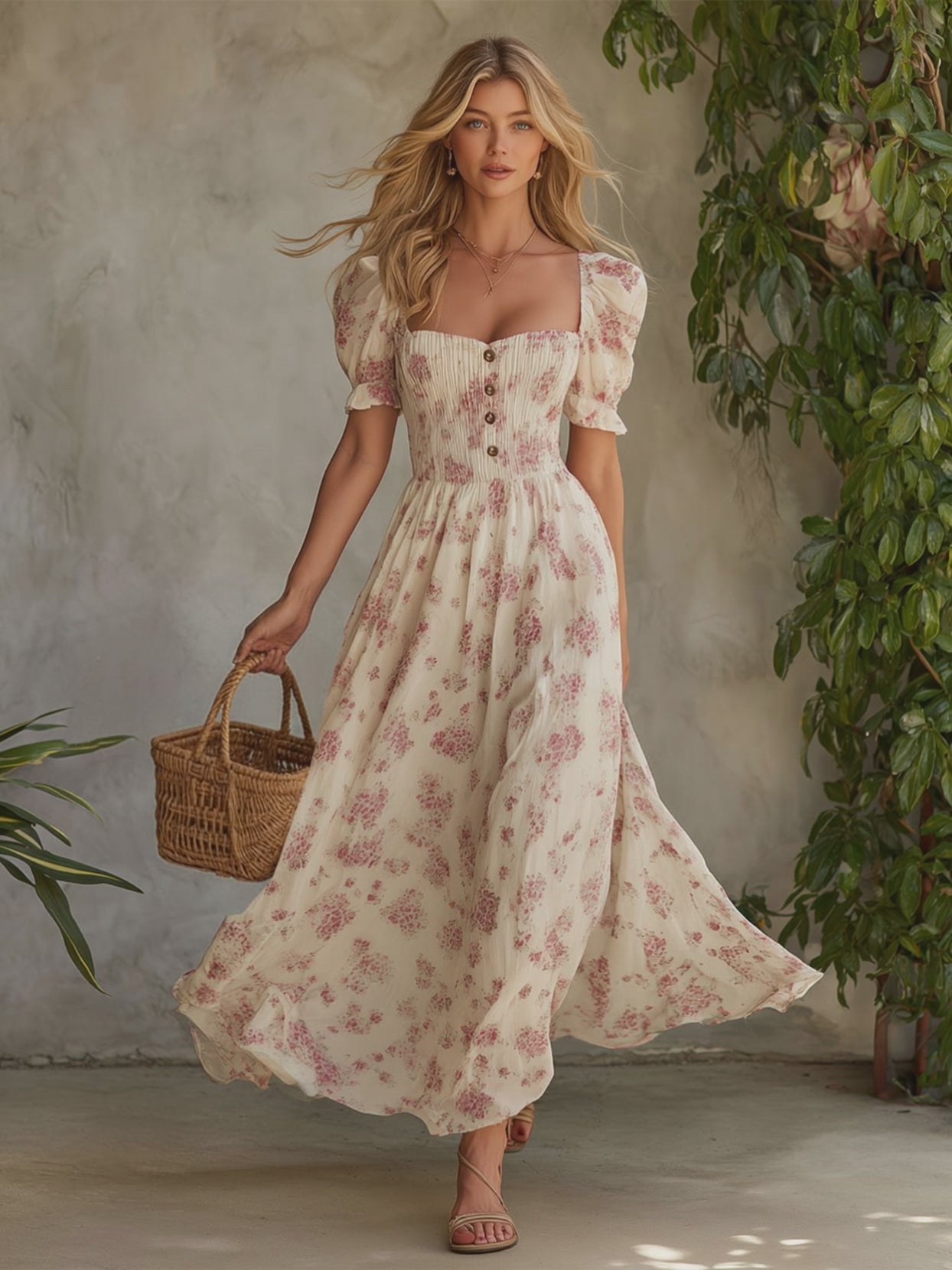 Retro Elegant Pink Floral Off-white Short-sleeved Square Neck Chiffon Maxi Dress