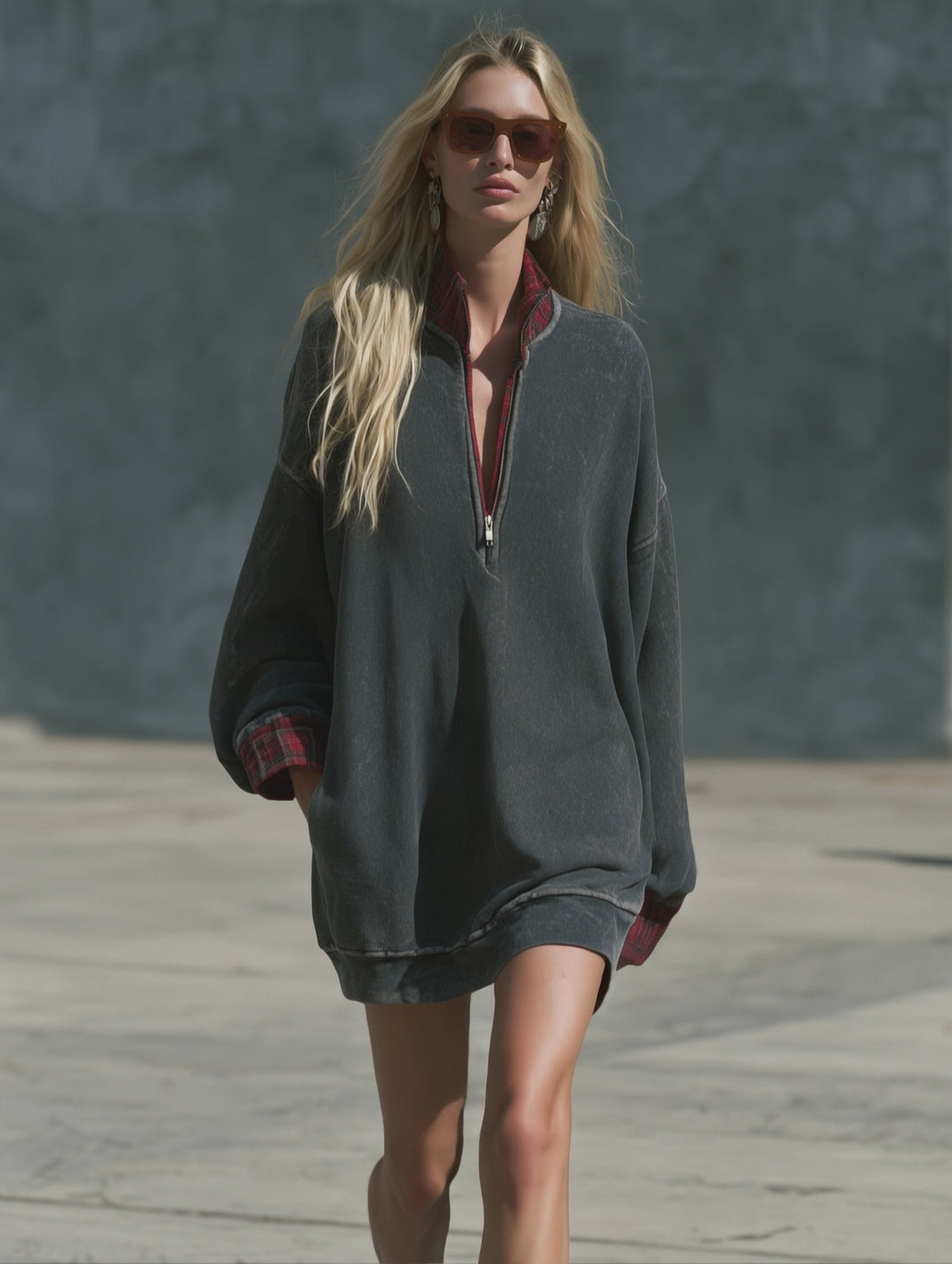 Fashionable Retro Half-zip Plaid Patchwork Faded Dark Gray Cotton Mini Dress