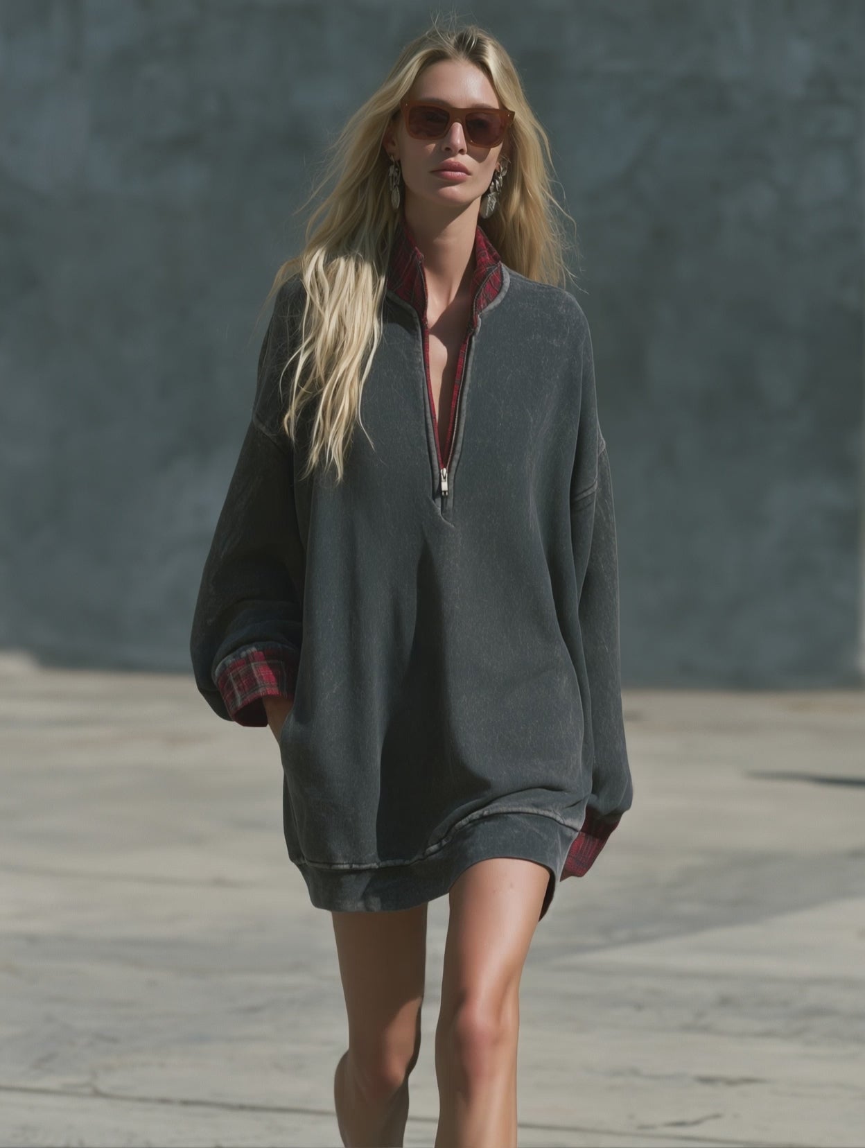 Fashionable Retro Half-zip Plaid Patchwork Faded Dark Gray Cotton Mini Dress