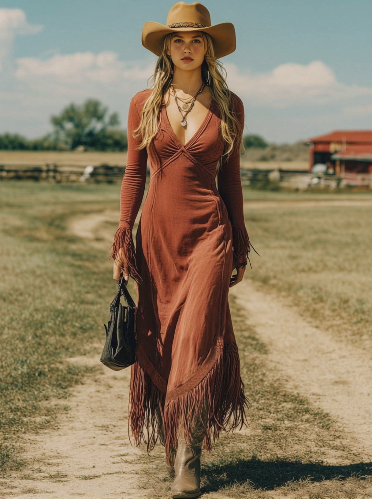 Western Retro Brick Red Cotton Long Sleeve Tassel Maxi Dress