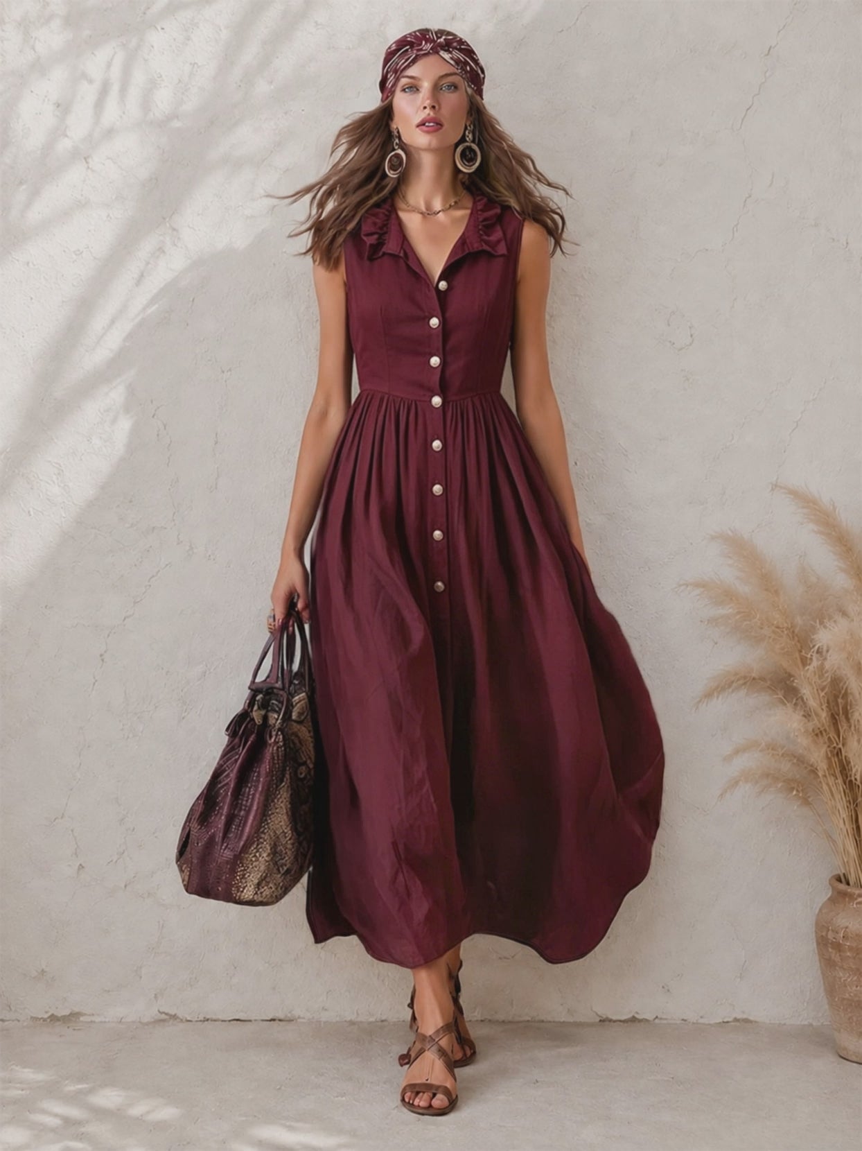 Elegant Zinfandel-colored Cotton And Linen Sleeveless Maxi Dress