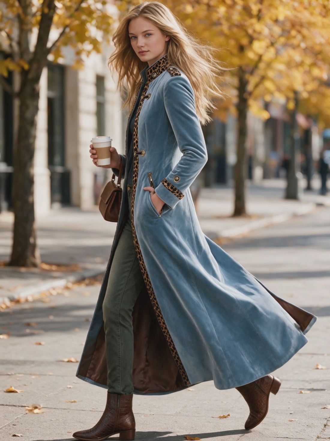 Retro-elegant Leopard-print Trim Blue Velvet Coat