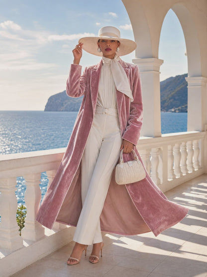 urban-elegance-pink-shimmering-velvet-long-coat - Oyrosy