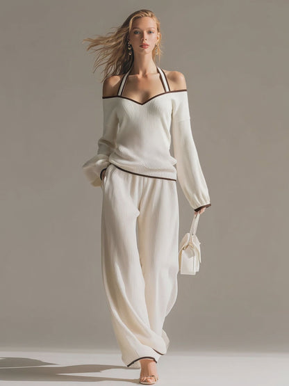 Elegant Color-blocked White Halter-neck Long-sleeved Knit Top And Pants Set