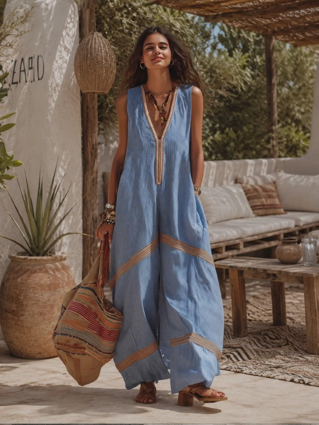 Retro-casual Color-block Trim Blue Striped Oversized Jumpsuit