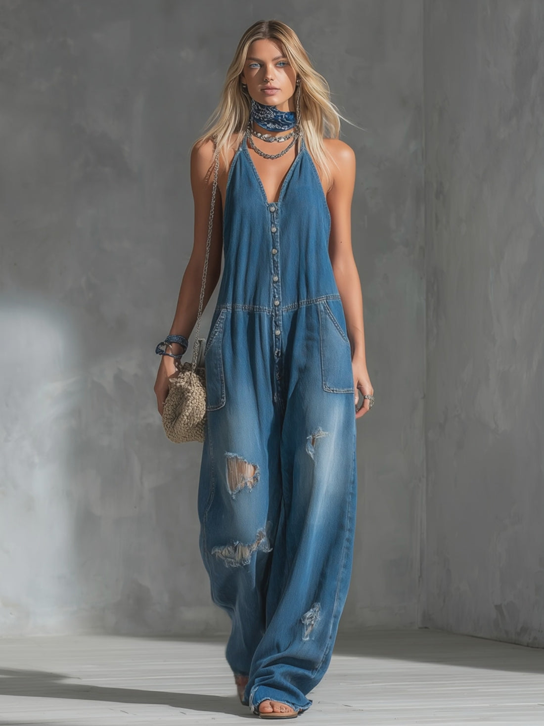 Casual Retro Distressed Blue Ripped Denim Jumpsuit