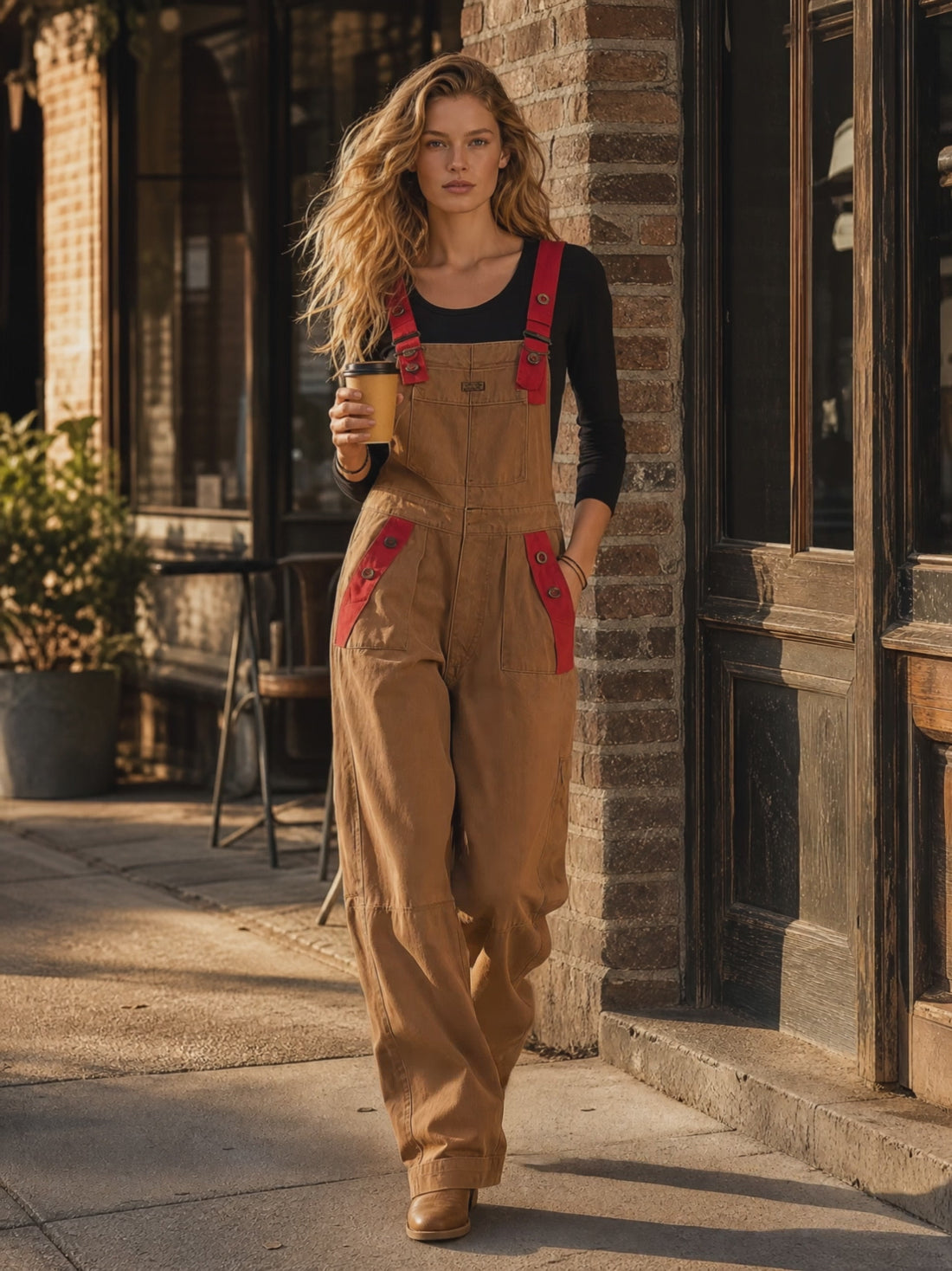Retro American-style Adjustable-strap Red-paneled Big-pocket Wide-leg Jumpsuit